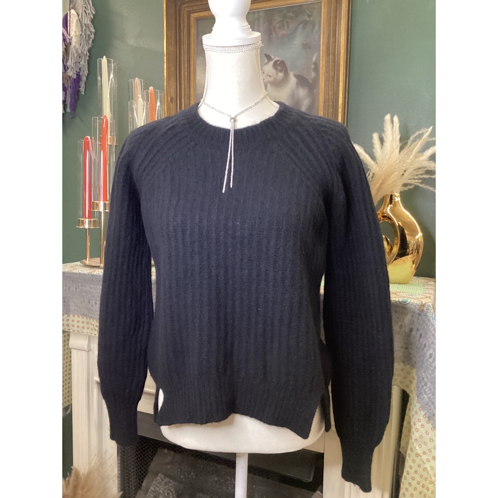 Everlane‎ Black Wool Ribbed Knit Crewneck Sweater Side Slit Small Raglan Sleeve